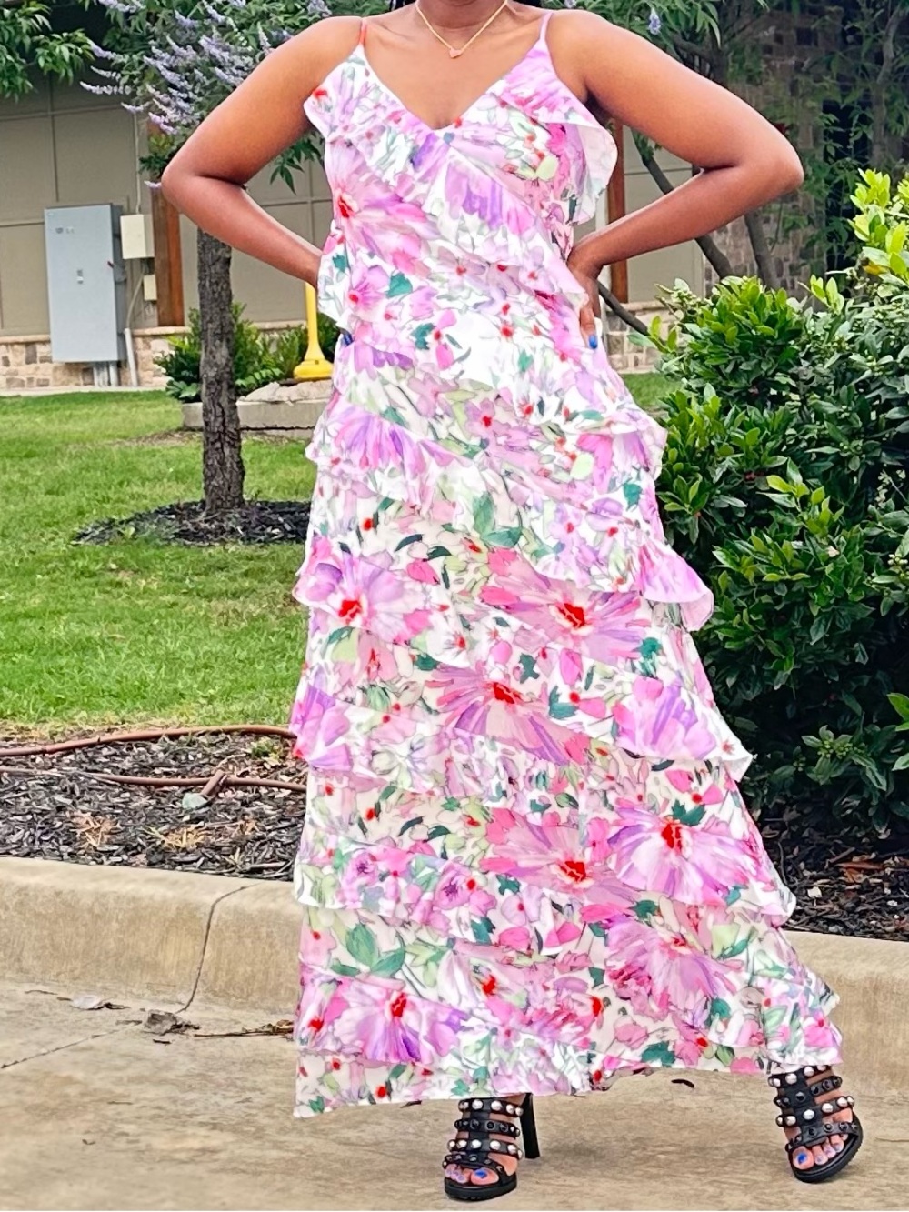 Belle Badgley Mischka Lavender, Pink and Orange Floral Print Maxi Dress. Size 12